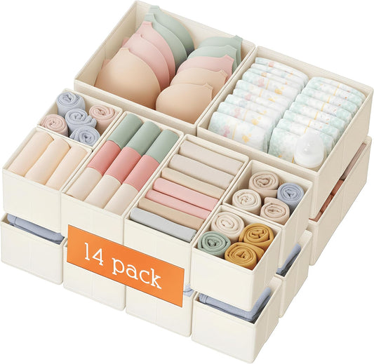 Criusia Drawer Organizer Clothes, 14 Pack Dresser Organizer for Baby Clothes, Underwear, Sock- Foldable Closet Organization and Storage Dividers Bins for Nursery, Bedroom and Dorm (Beige)