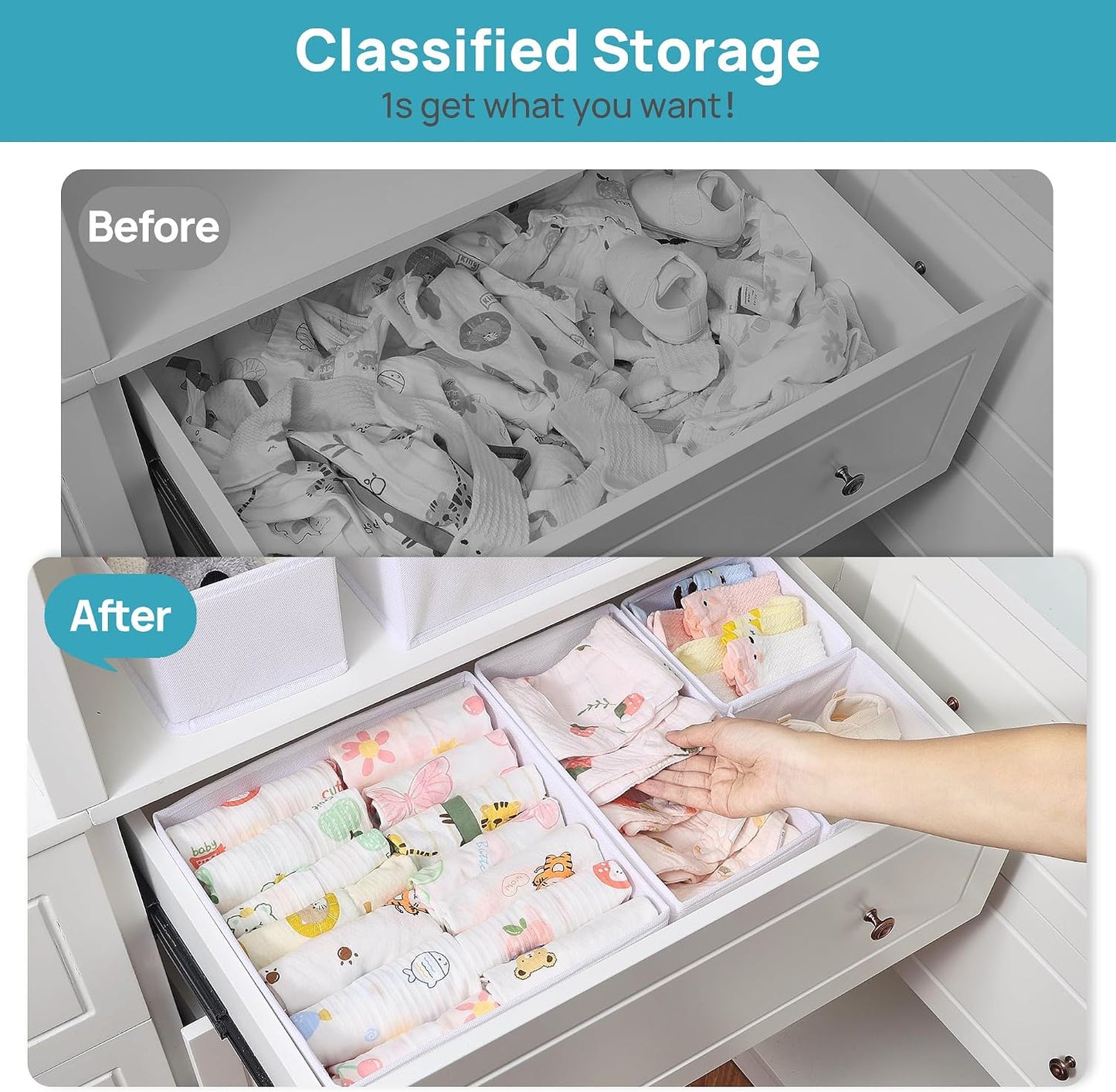 Vtopmart 12 Pack Baby Clothes Organizer, Foldable Fabric Drawer Bins, White