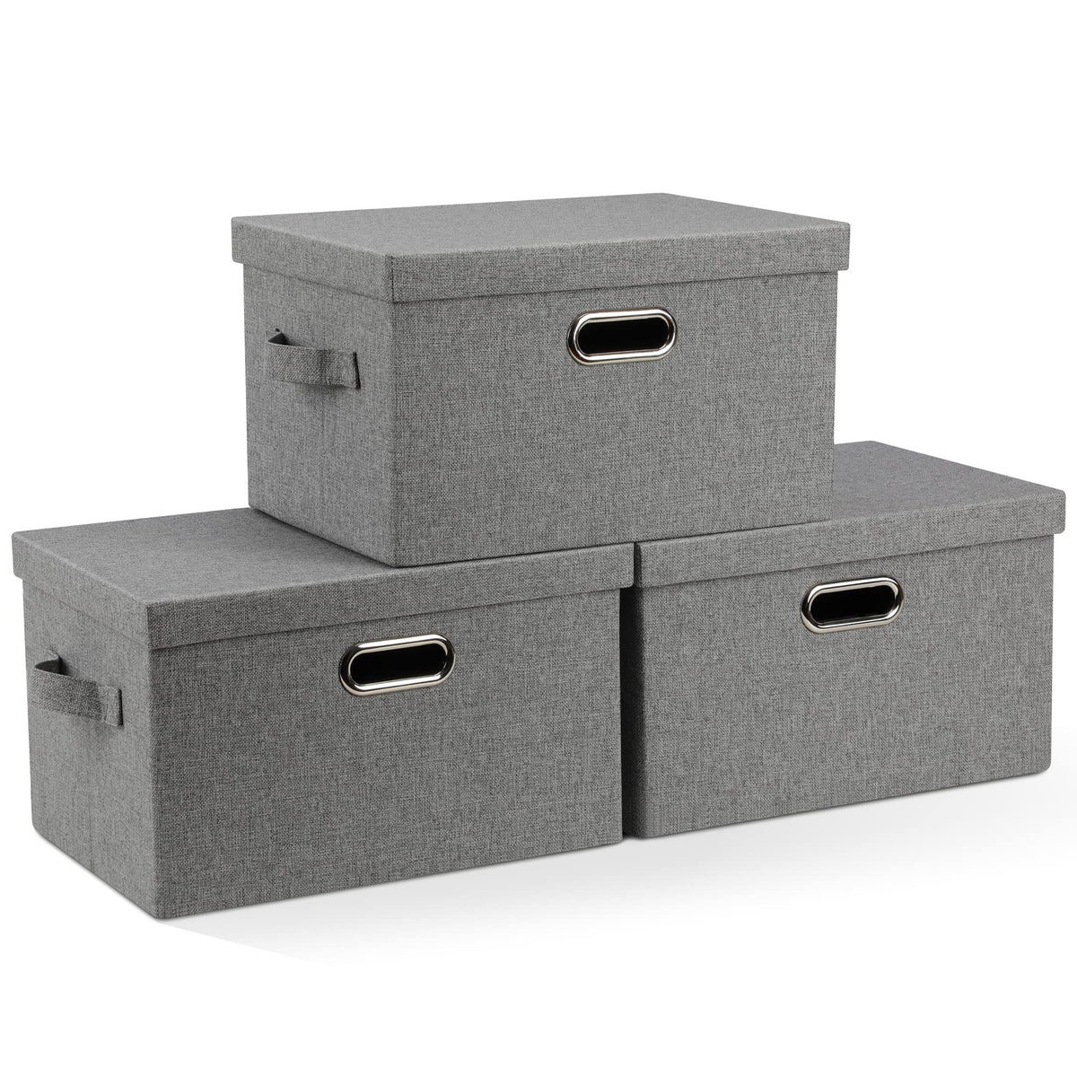 Graciadeco Large Quart Collapsible Stackable Storage Bins with Lids, 3 Packs Beige Linen Fabric Closet Boxes with Lids, Storage Cube Baskets Container Organizers for Bedroom Office(16.6 x 11.7 x 10.8)