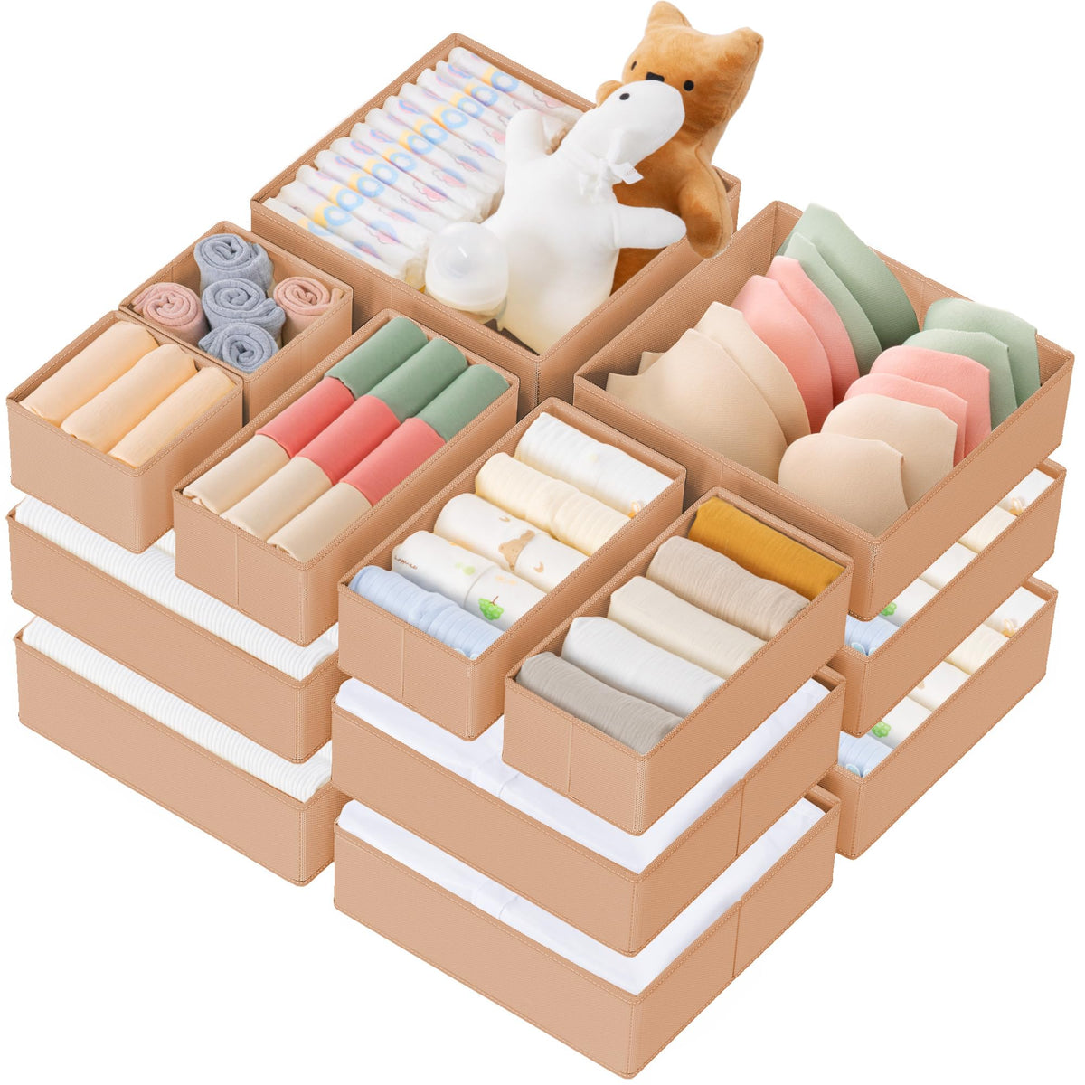 Criusia Drawer Organizer Clothes, 10 Pack Dresser Organizer for Baby Clothes, Underwear, Sock- Foldable Closet Organization and Storage Dividers Bins for Nursery, Bedroom (Beige)
