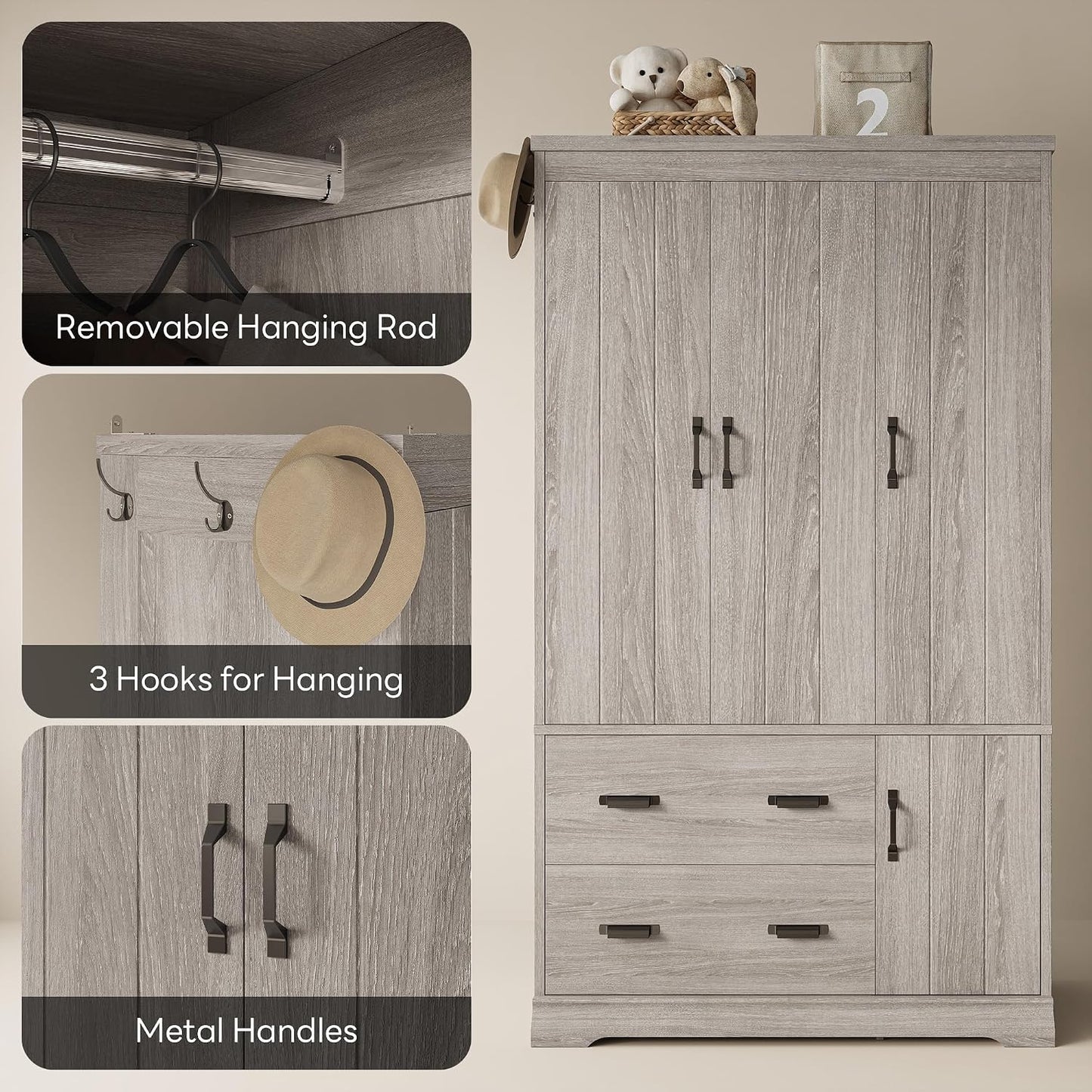 Bedroom Armoire with Drawers, 70" Freestanding Wardrobe Closet, Grey Oak