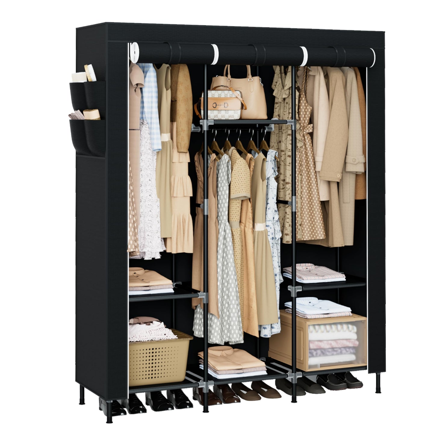 CASAMAYA Portable Closet, 66.9 Inch Large Capacity Wardrobe Closet with Cover, Clothes Storage Organizer with Shelves and 4 Hanging Rods, Easy to Assembly, Black PCT204B01