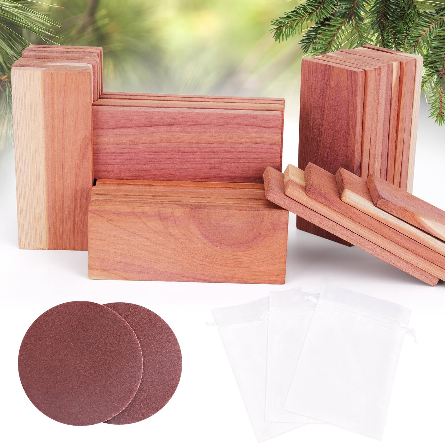 Woodever Cedar Blocks for Clothes Storage 56 Pcs, 100% Aromatic Planks with Metal Hooks, Cedar Wood Chips and Balls for Closets and Drawers, Fresh Scented Sachets