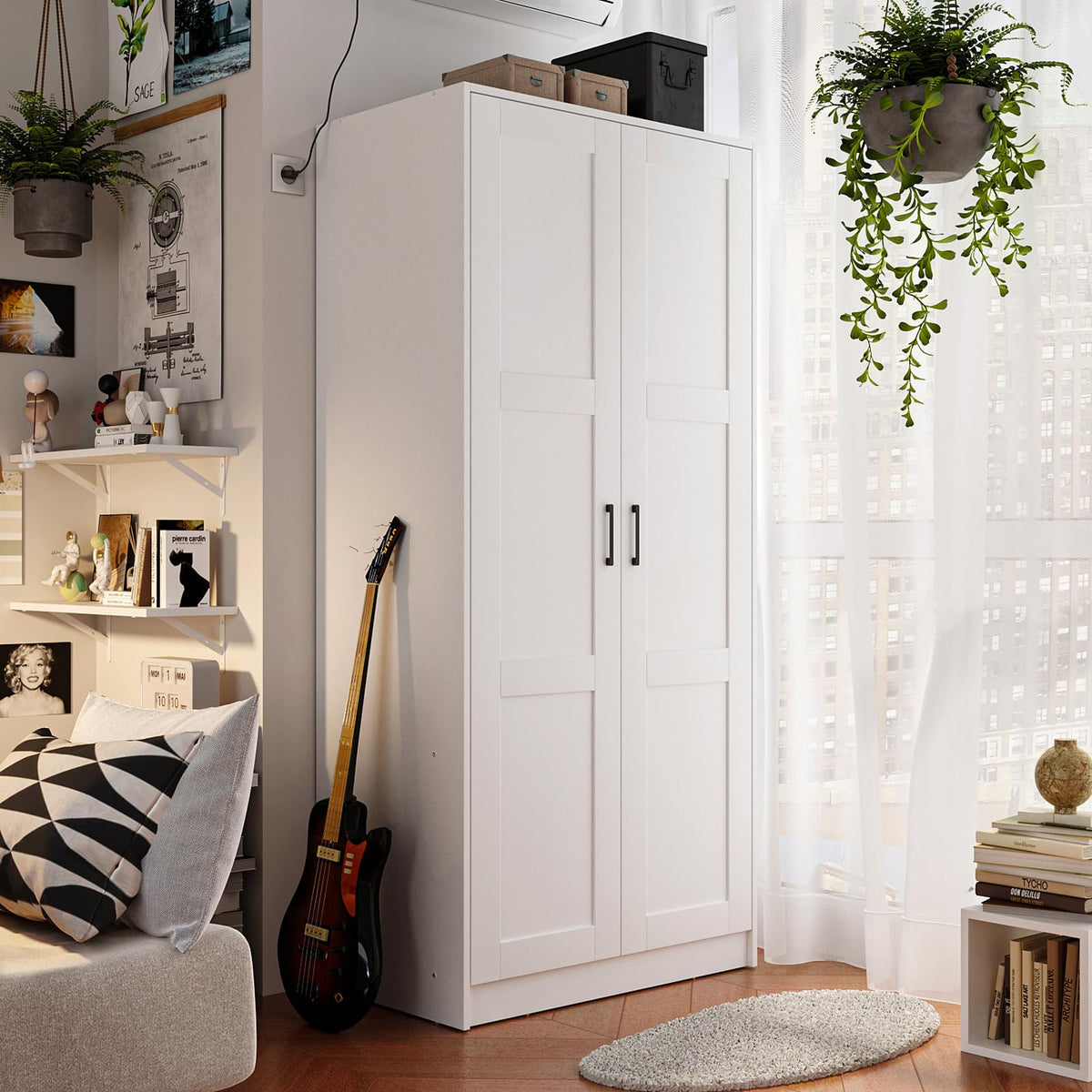Fenghua Lizhi Wood White Wardrobe Closet with 2 Doors and 2 Drawers，Bedroom Freestanding Armoire Storage Cabinet with Shelves，Wooden Wardrobe Combination for Hanging Clothes (White 2 Drawers)