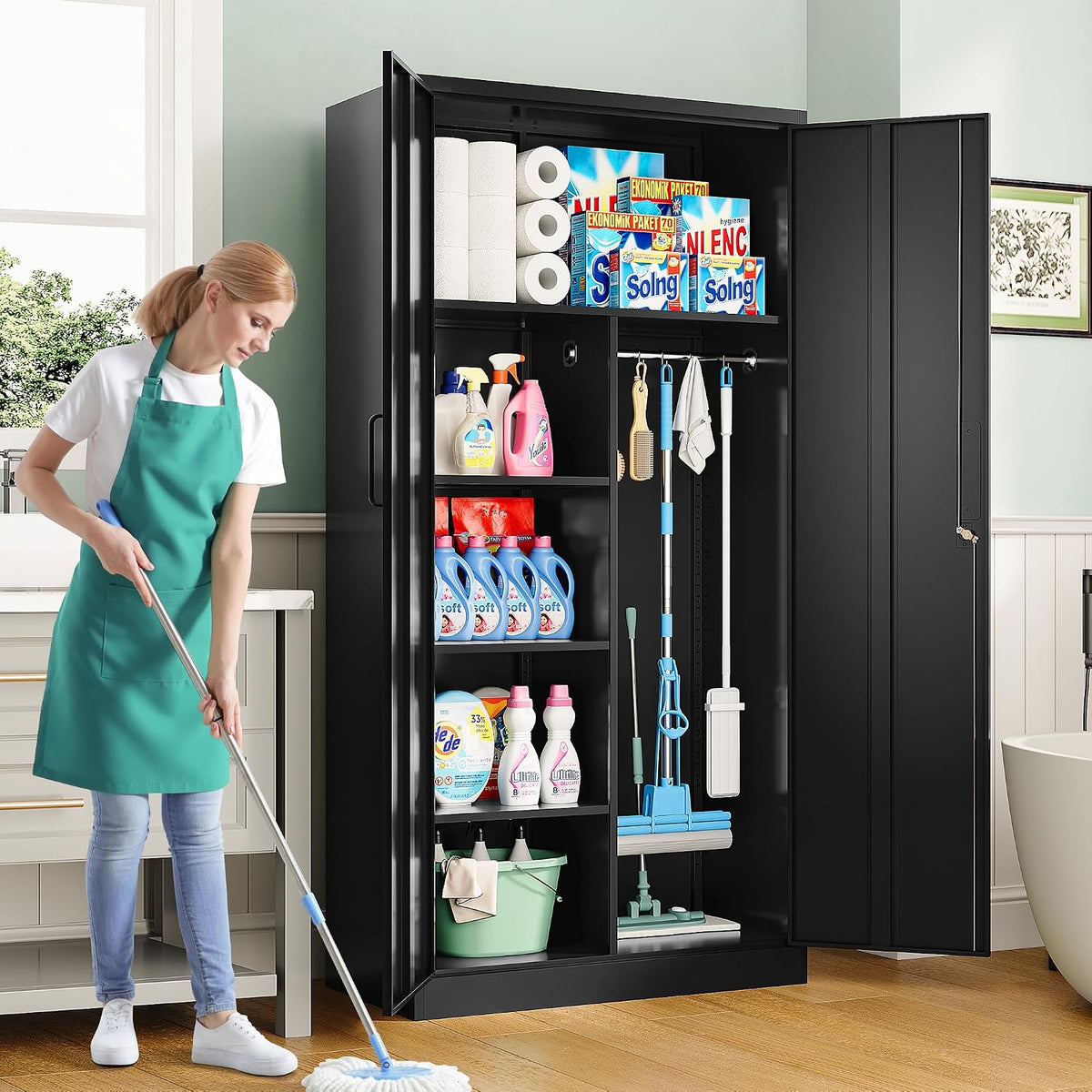 Wide & Deep Metal Storage Cabinet with Hanging Rod,Black Broom Closet Storage Cabinet with Lock,72" Tall Wardrobe Cabinets with Doors and Shelves,Locking Steel Tool Cabinets for Home,Office,Garage