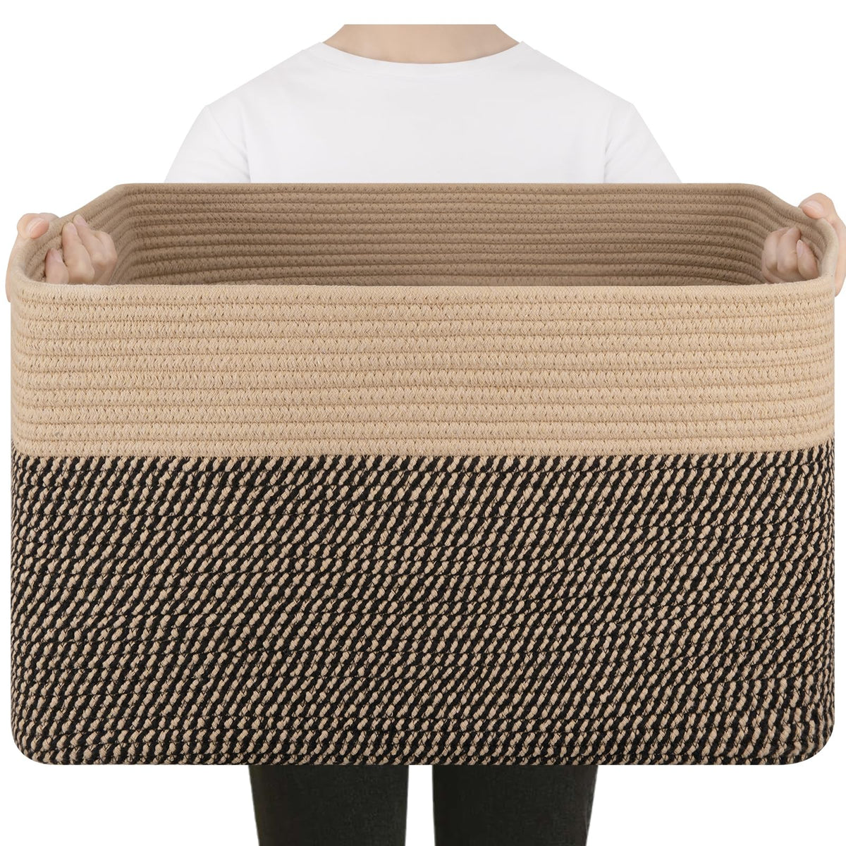 75L Large Cotton Rope Basket, Soft Toy Storage Bin for Nursery & Living Room, Decorative Blanket Basket for Bedroom, Baby-Safe Organizer for Pillows &Laundry, 22''×17''×12'', Brown and White