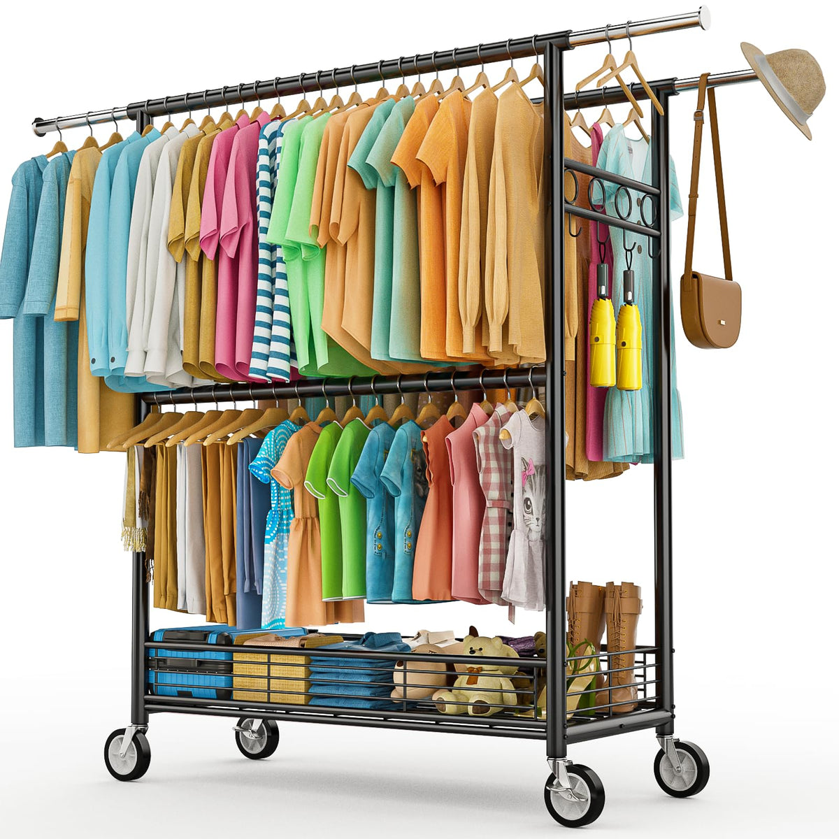 Heavy Duty Clothes Rack Load 960LBS, Three Rods Rolling Clothing Racks for Hanging Clothes, Rolling Garment Rack With Sturdy Wheels Shelves Hooks, Portable & Adjustable Commercial Garment Rack, Silver
