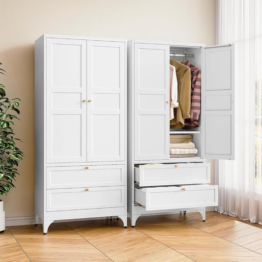 BYNSOE 71" Tall Metal Wardrobe Closet with 2 Drawers, Steel Armoire Cabinet with Hanging Rod and Adjustable Shelves, Freestanding Clothes Storage Organizer for Bedroom Office Furniture