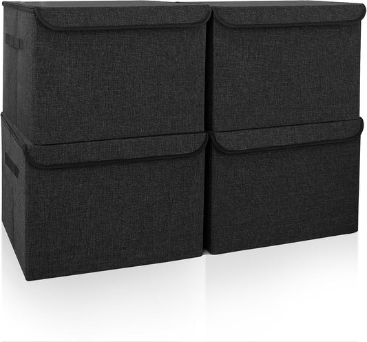 Bagnizer Large 22 Quart Linen Fabric Foldable Storage Bin Cube Organizer Basket with Flip-Top Lid & Handles, Clothes Blanket Box for Home, Office, Closet, Black, 4 Pack 14.6 x 9.5 x 9.5”