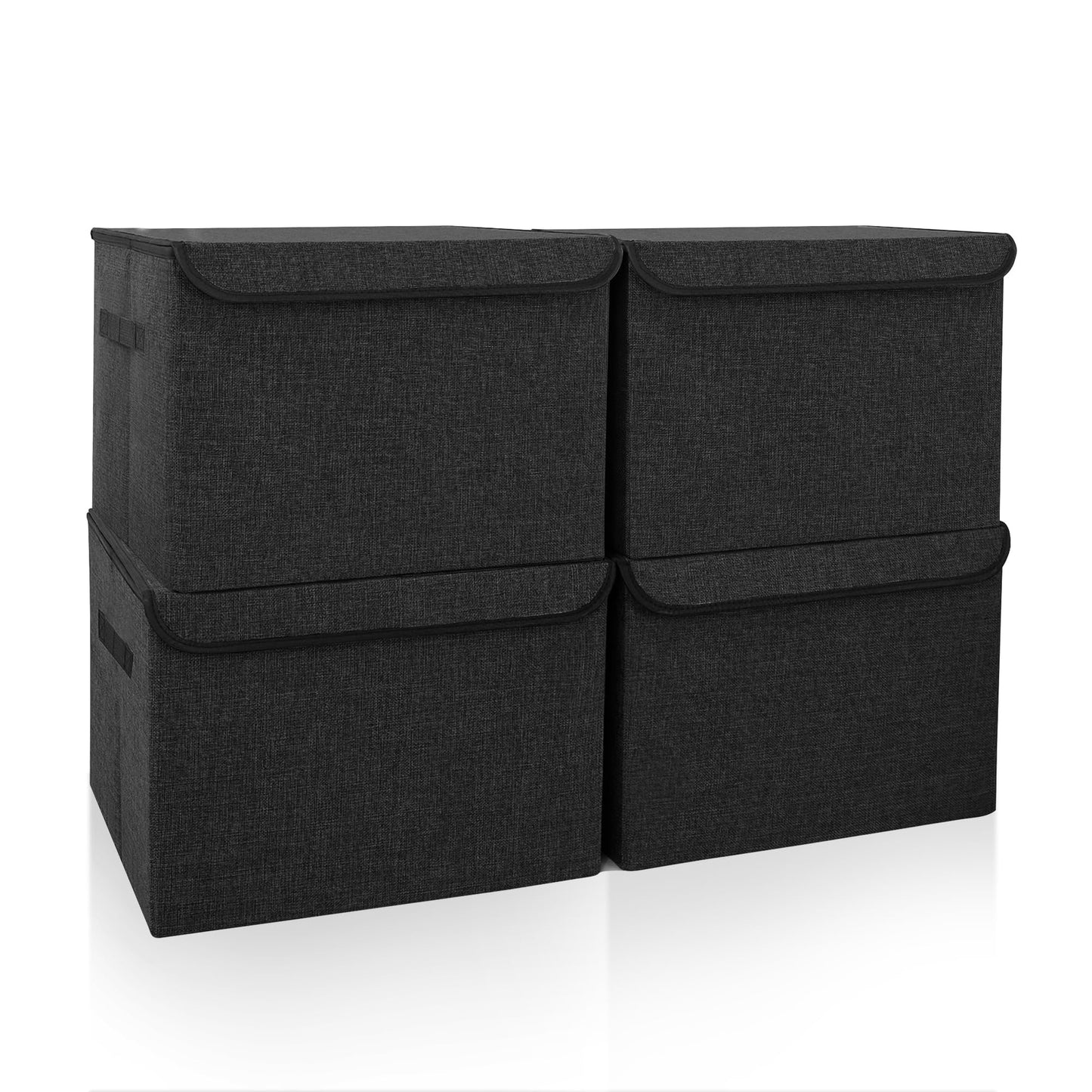 Bagnizer Large 22 Quart Linen Fabric Foldable Storage Bin Cube Organizer Basket with Flip-Top Lid & Handles, Clothes Blanket Box for Home, Office, Closet, Black, 4 Pack 14.6 x 9.5 x 9.5”
