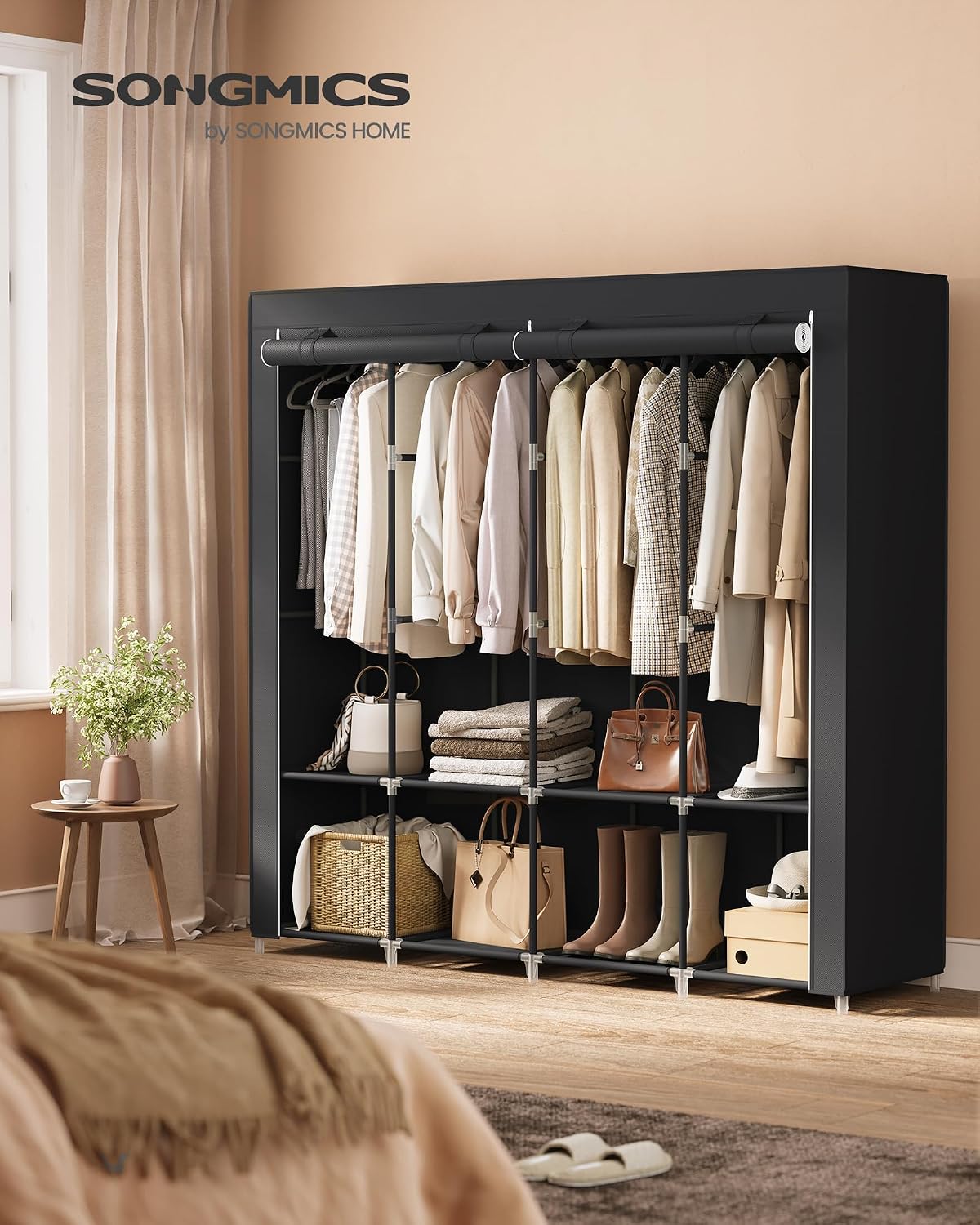 SONGMICS Portable Closet with Cover, 4 Hanging Rods and Shelves
