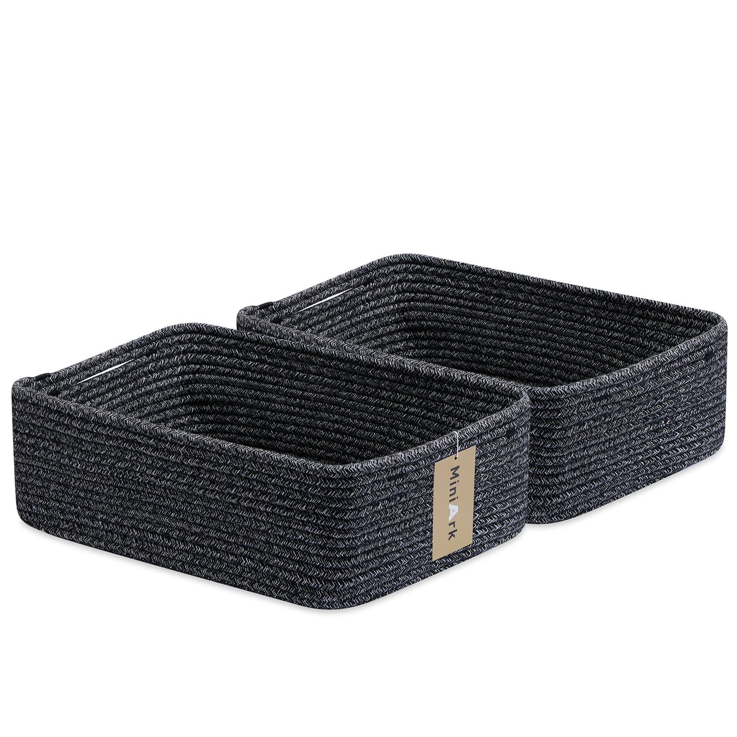 MiniArk Large Shallow Organizing Baskets 15x11x5.1 Inches - Rope Woven Storage Bins for Bathroom, Shelves, Cube Closet, Mixed Brown 2 Packs