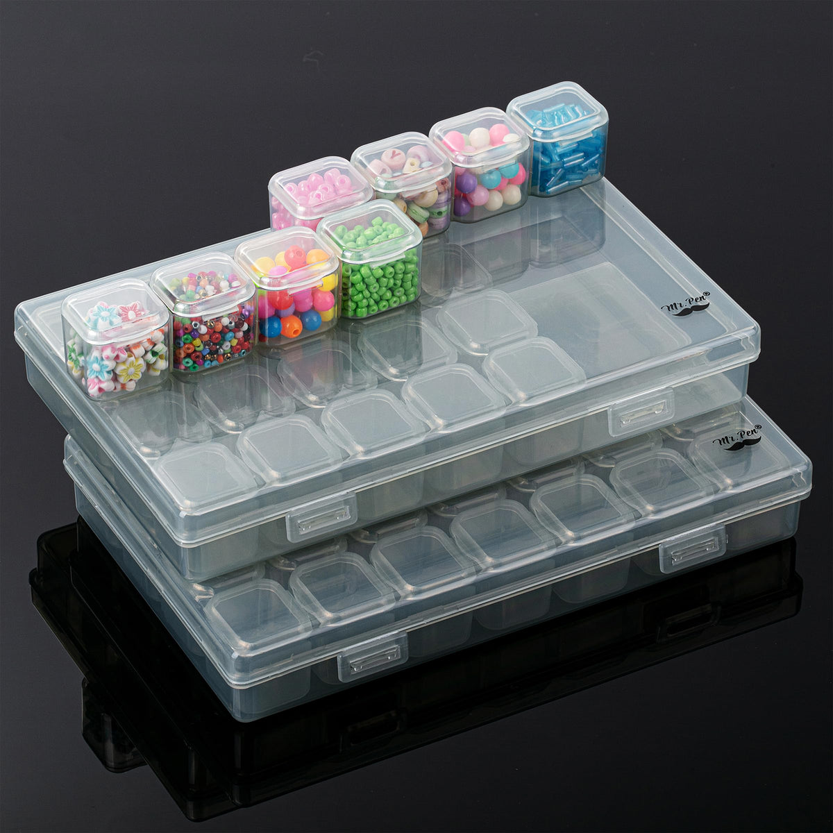 Mr. Pen- Bead Storage Containers, 28 Grids, 2 Pack, Clear White