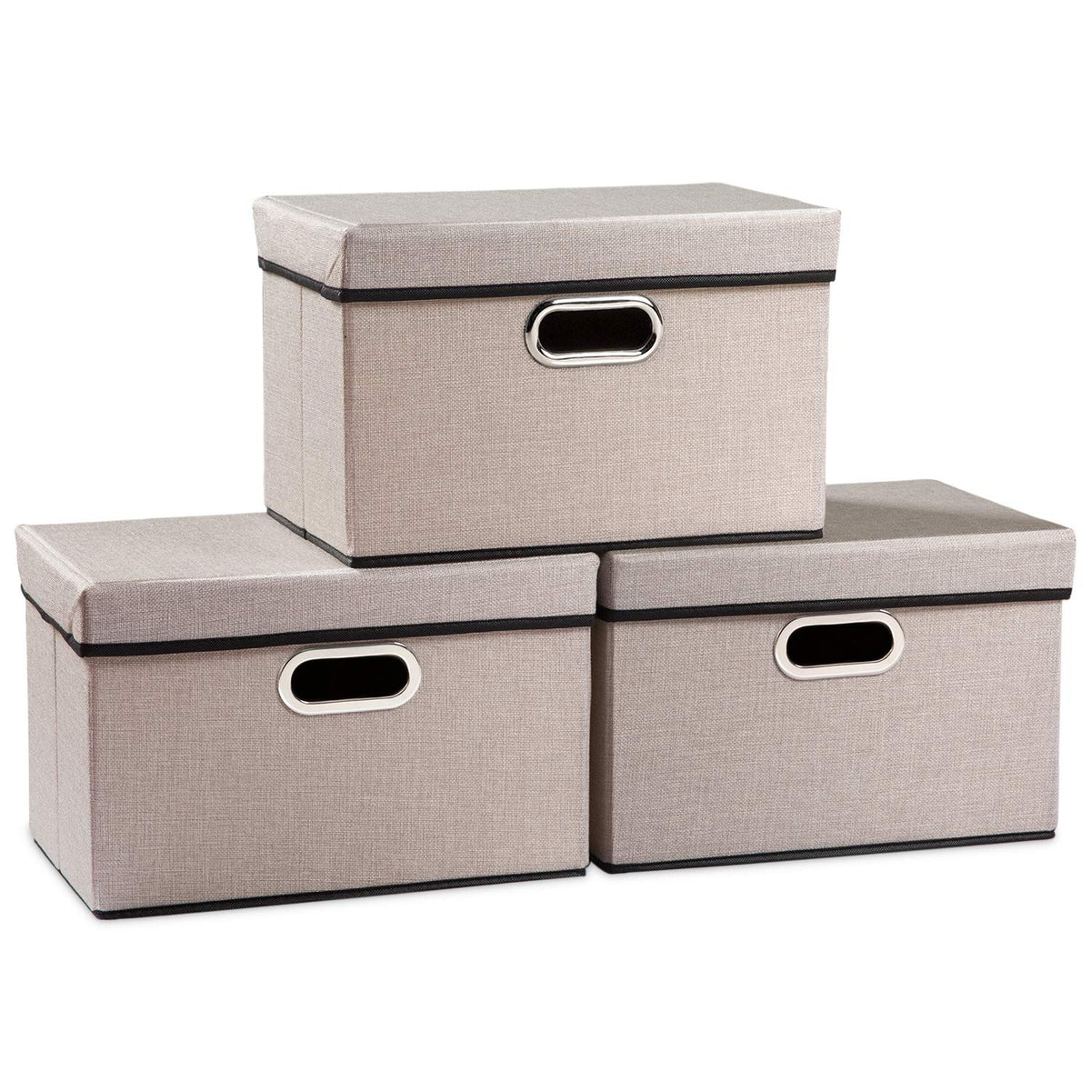 PRANDOM Large Collapsible Storage Bins with Lids [3-Pack] Jute Fabric Foldable Storage Boxes Organizer Containers Baskets Cube with Cover for Home Bedroom Closet Office Nursery (17.7x11.8x11.8)