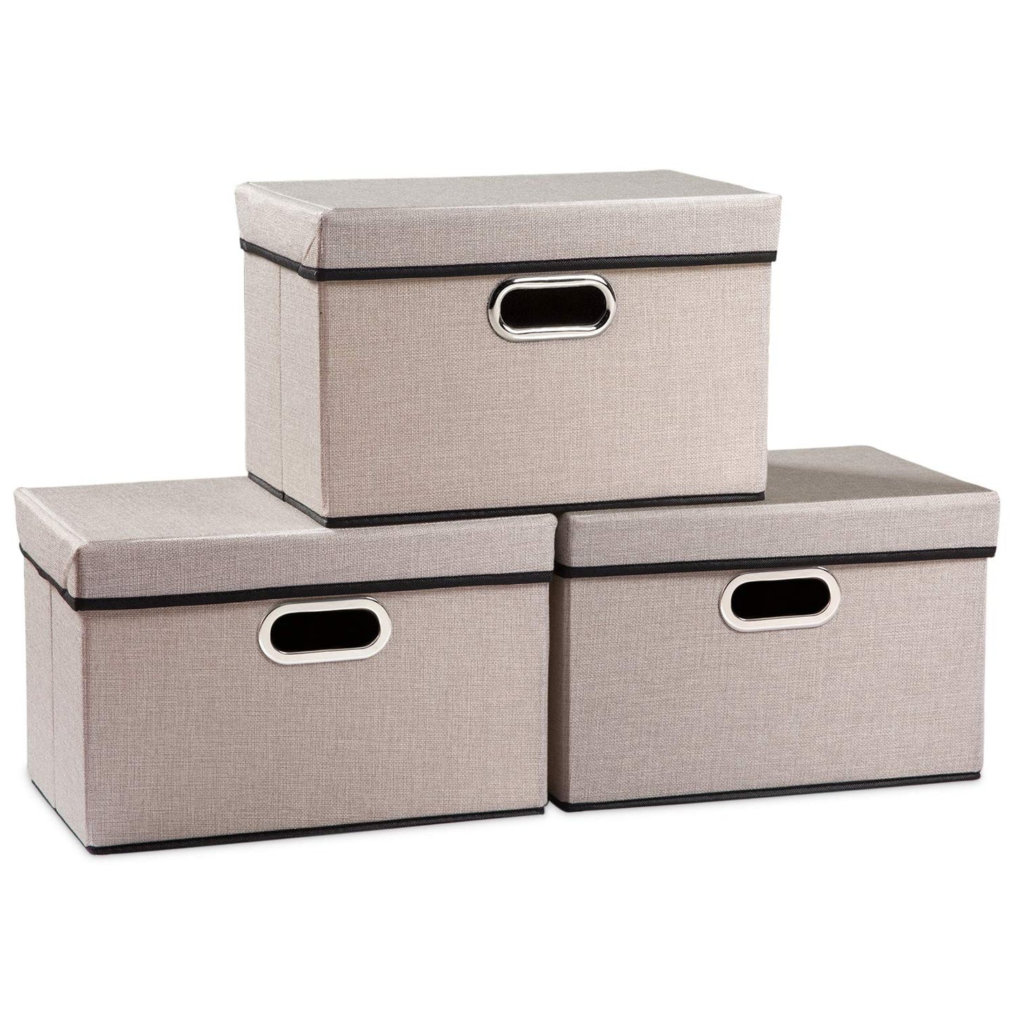 PRANDOM Large Collapsible Storage Bins with Lids [3-Pack] Linen/Cotton Blend Foldable Storage Boxes Organizer Containers Baskets Cube with Cover for Home Bedroom Closet Office Nursery(17.7x11.8x11.8)