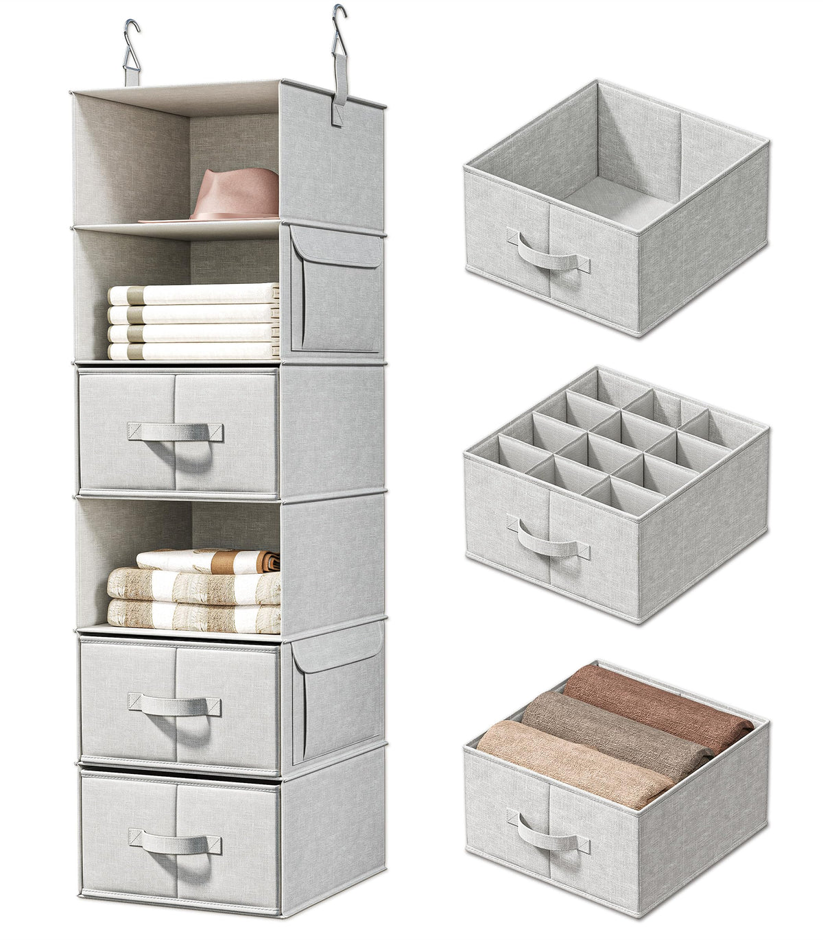 6-Shelf Hanging Closet Organizer with 3 Drawers, 2-in-1 Design, Beige