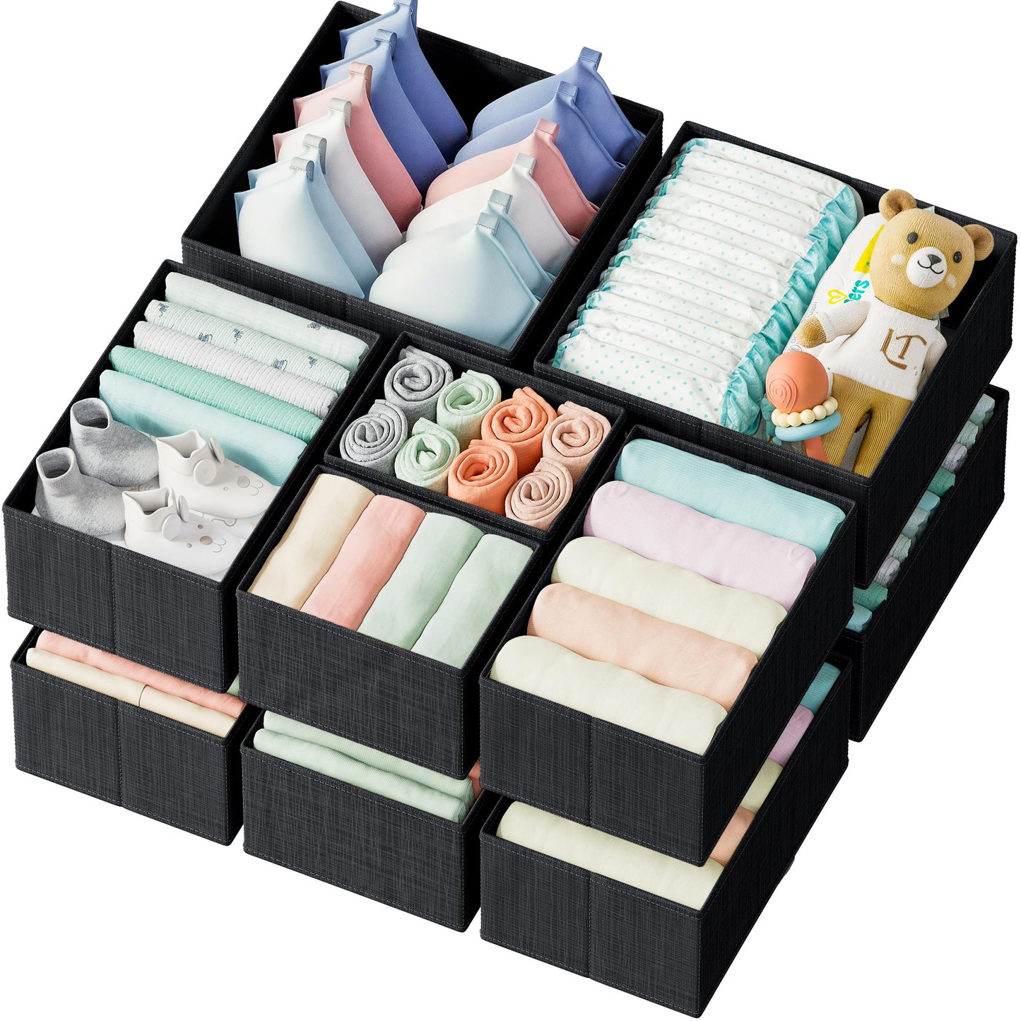 Drawer Organizer Clothes Set of 12 White-Grey - Dresser Organizer For Nursery, Bedroom, Closet - Perfect Baby Clothes Organizer and Storage & General Nursery Organization or Dresser Drawer Organizers