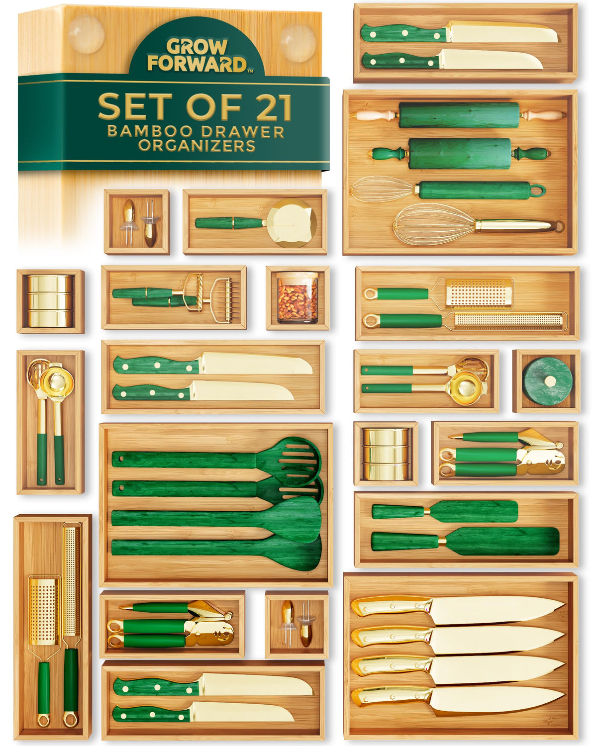Grow Forward Bamboo Drawer Organizer Boxes - Set of 14 Wooden Drawer Organizers for Kitchen, Bathroom, Office, Desk, Vanity, Makeup - Non-Slip Junk Drawer Organizer Trays for Storage and Organization