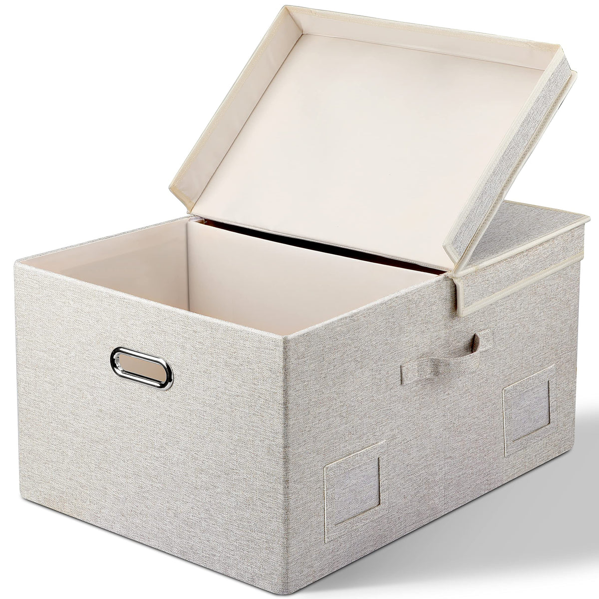 Graciadeco Large Quart Collapsible Stackable Storage Bins with Lids, 3 Packs Beige Linen Fabric Closet Boxes with Lids, Storage Cube Baskets Container Organizers for Bedroom Office(16.6 x 11.7 x 10.8)