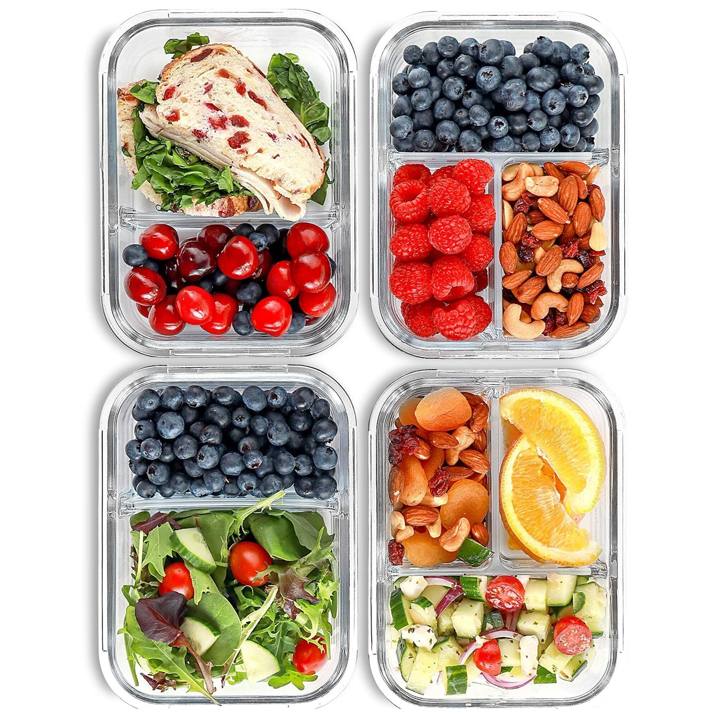 Glass Meal Prep Containers 2 and 3 Compartments, Leak-Proof, 32 oz, 4 Pack