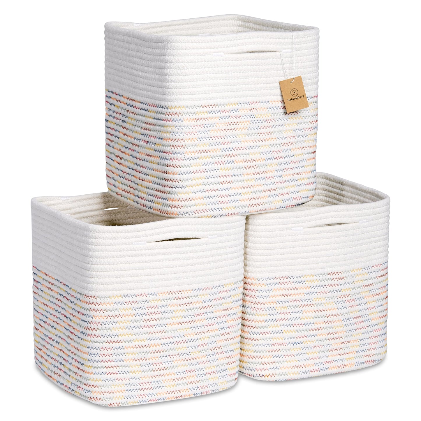 NaturalCozy Storage Cubes 11 Inch Cotton Rope Woven Baskets for Organizing, 3-Pack | Cube Storage Bin | Square Storage Baskets for Shelves Organizer, Classroom, Kids Toy Bins, Closet, Baby Nursery