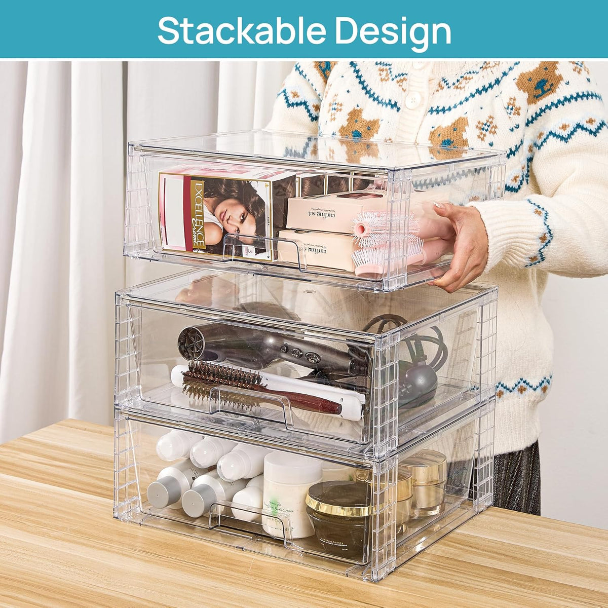 Vtopmart 2 Pack Large Clear Stackable Storage Drawers for Closet, Pantry