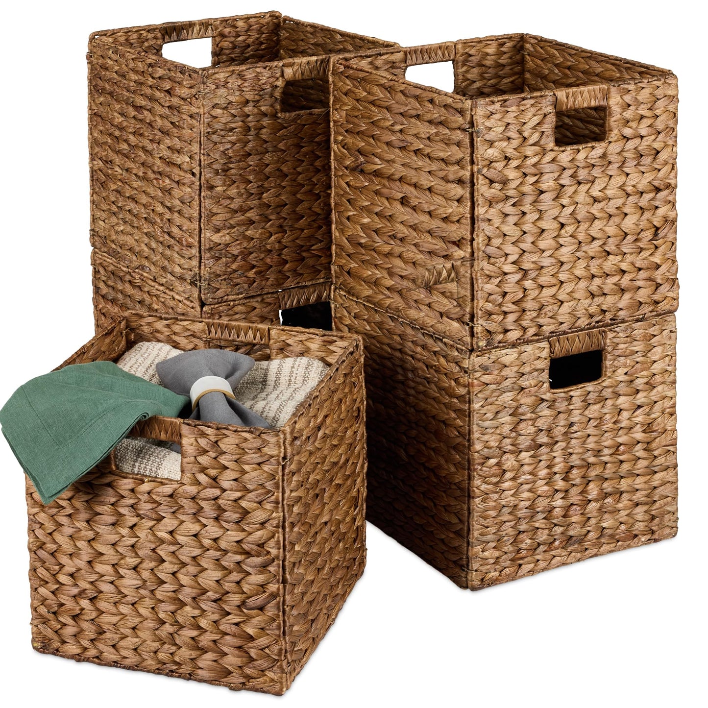 Best Choice Products 10.5x10.5in Pack of 5 Cube Storage Baskets, Water Hyacinth Multipurpose Collapsible Organizers, Handwoven Laundry Totes for Laundry, Living Room, Kids Room & Nursery - Natural