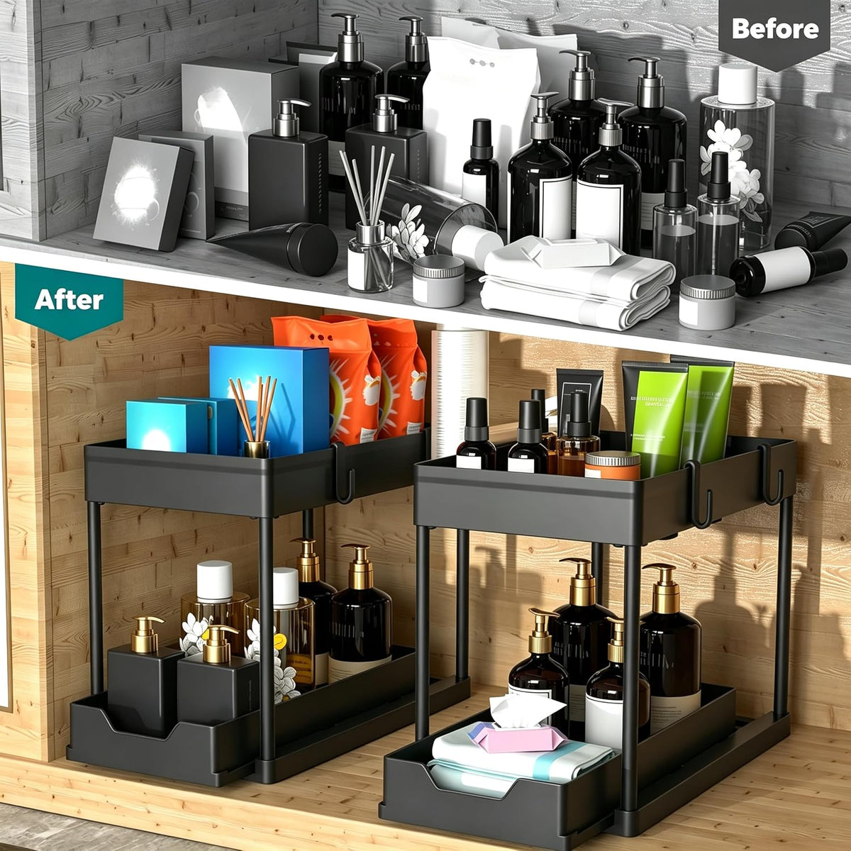 DEKAVA Under Sink Organizer 2 Pack, Bathroom Cabinet Organizer, 2 Tier Sliding Cabinet Basket Organizer Drawer, Multi-Purpose Bath Collection Baskets for Bathroom (Black)
