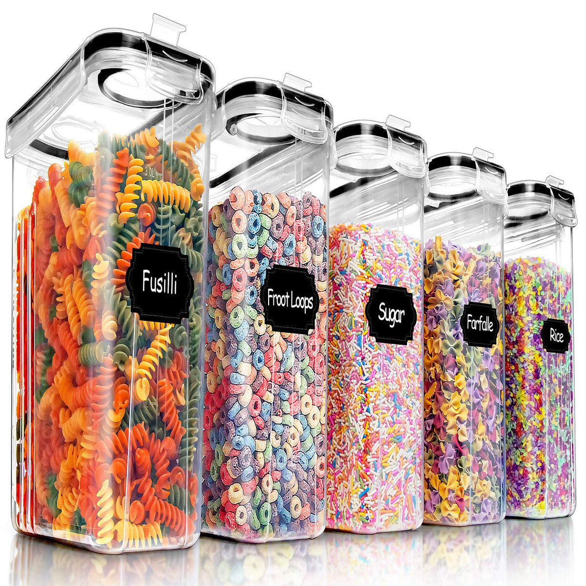 PRAKI Large Dry Food Storage Containers with Lids, 6PCS Airtight Cereal Containers Storage Set, Leak-proof Canister Set for Kitchen Pantry Organization with 20 Labels & Marker (4L Black)