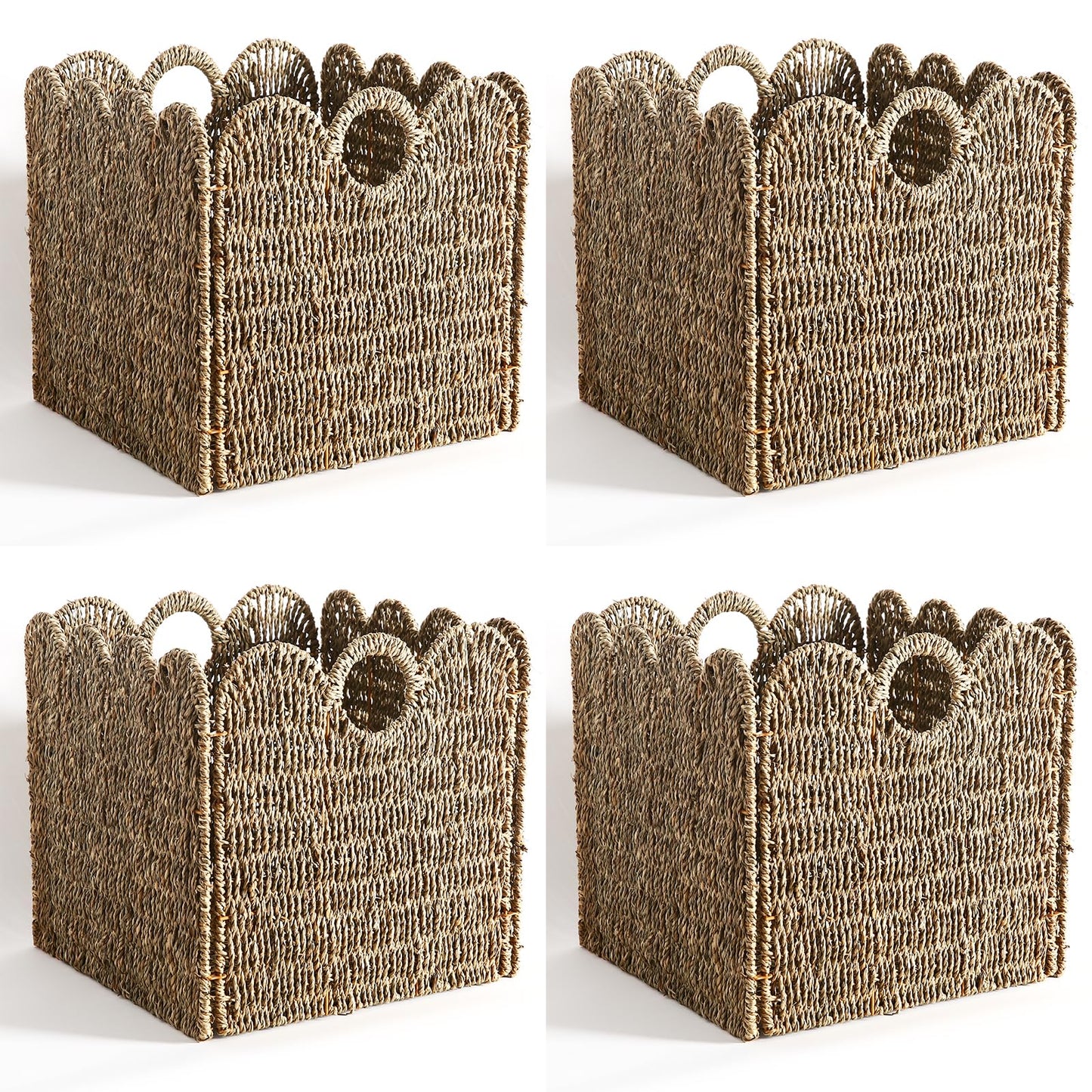 Scalloped Wicker Storage Cubes Basket, 12”x12“ Heavy Duty Paper rope/Hyacinth/Seagrass Baskets for Shelves, Foldable Natural Boho Square Bins (Water Hyacinth&10.5 x 10.5 x 10.5in&4-Pack)