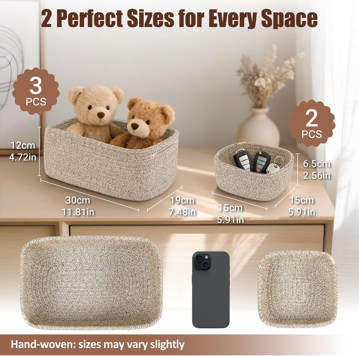 5-Pack Small Woven Rope Storage Baskets, 2 Sizes Organizer Bins