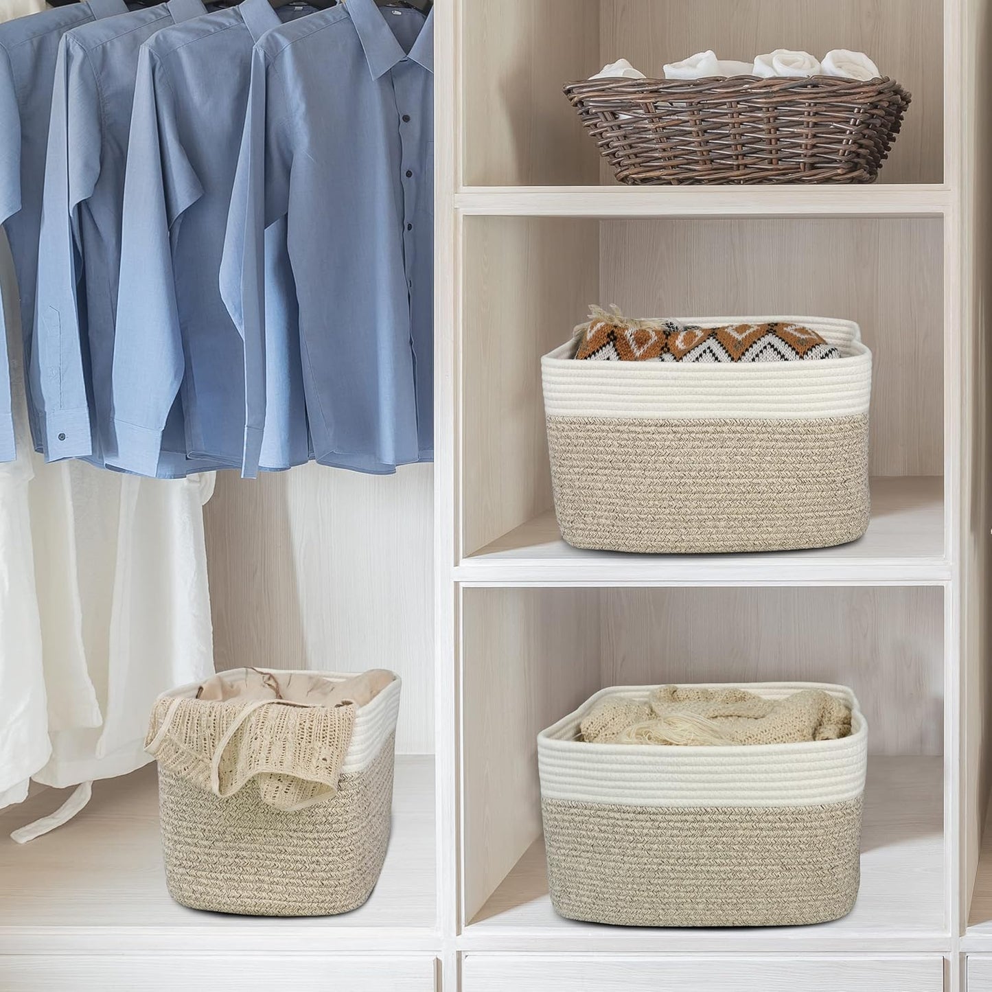 XUANGUO Woven Cotton Rope Storage Baskets 15x10x9.3" 3 Pack White and Brown