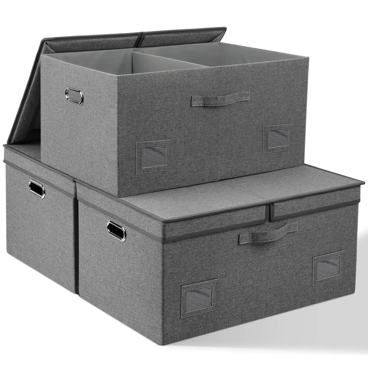 Graciadeco Large Quart Collapsible Stackable Storage Bins with Lids, 3 Packs Beige Linen Fabric Closet Boxes with Lids, Storage Cube Baskets Container Organizers for Bedroom Office(16.6 x 11.7 x 10.8)
