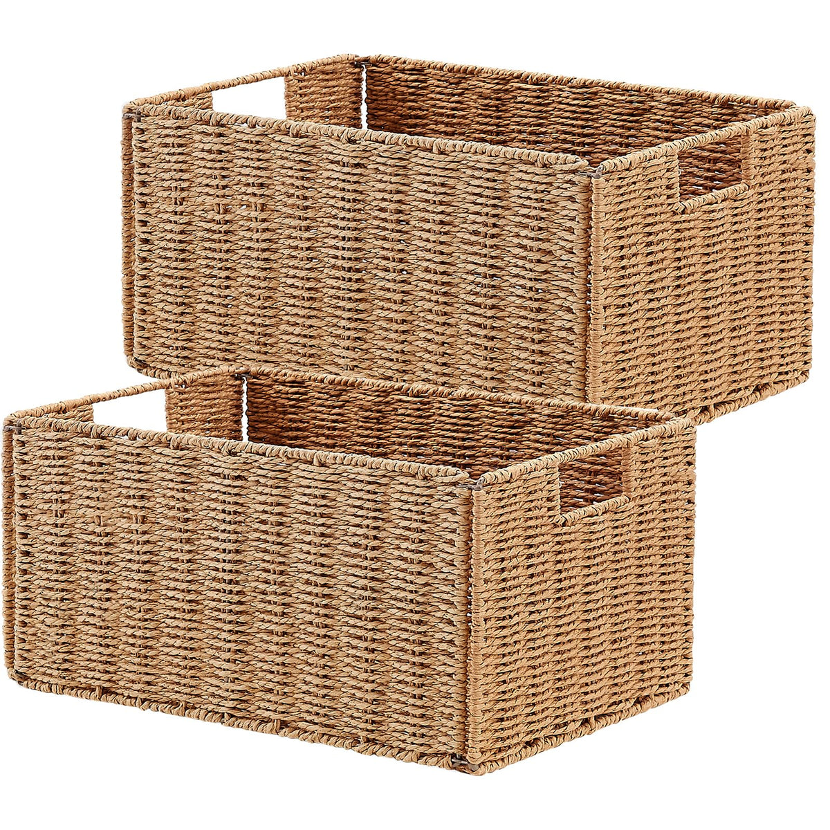 Vagusicc Wicker Storage Basket, Set of 2 Hand-Woven Paper Rope Wicker Basket, Small Storage Baskets for Organizing Toilet Paper Basket, Foldable Large Cube Storage Organizer Bins for Shelves (Natural)