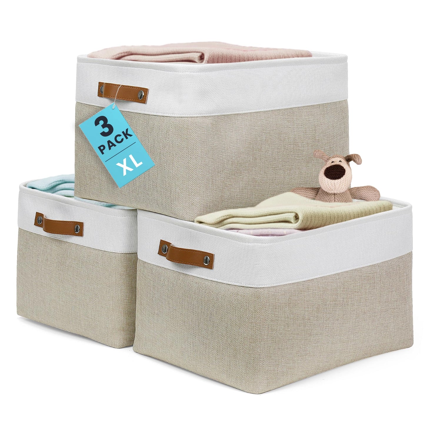 OrganiHaus 15x11in Canvas Storage Baskets 3 Pack - Fabric Bins for Shelves