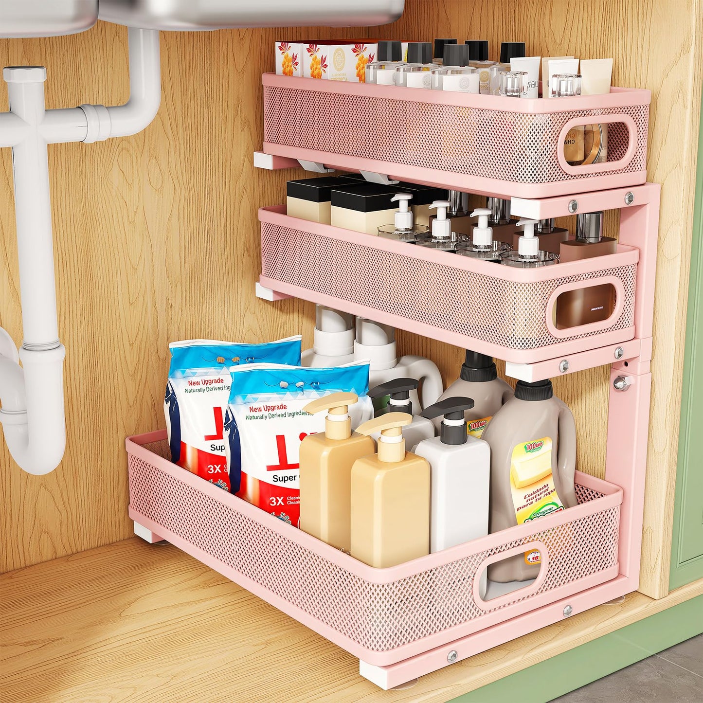 Kitstorack Under Sink Organizer, 2-Pack 3-Tier Height Adjustable Thickened Metal Pull out Cabinet Organizer Shelf, Slide out Storage Drawer Rack for Bathroom Kitchen Pantry Home Laundry Organization