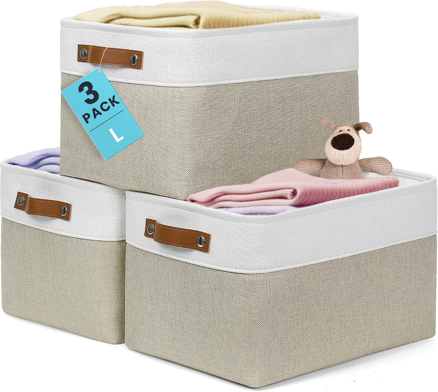OrganiHaus 15x11in Canvas Storage Baskets 3 Pack - Fabric Bins for Shelves