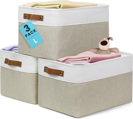 OrganiHaus 15x11in Canvas Storage Baskets 3 Pack - Fabric Bins for Shelves
