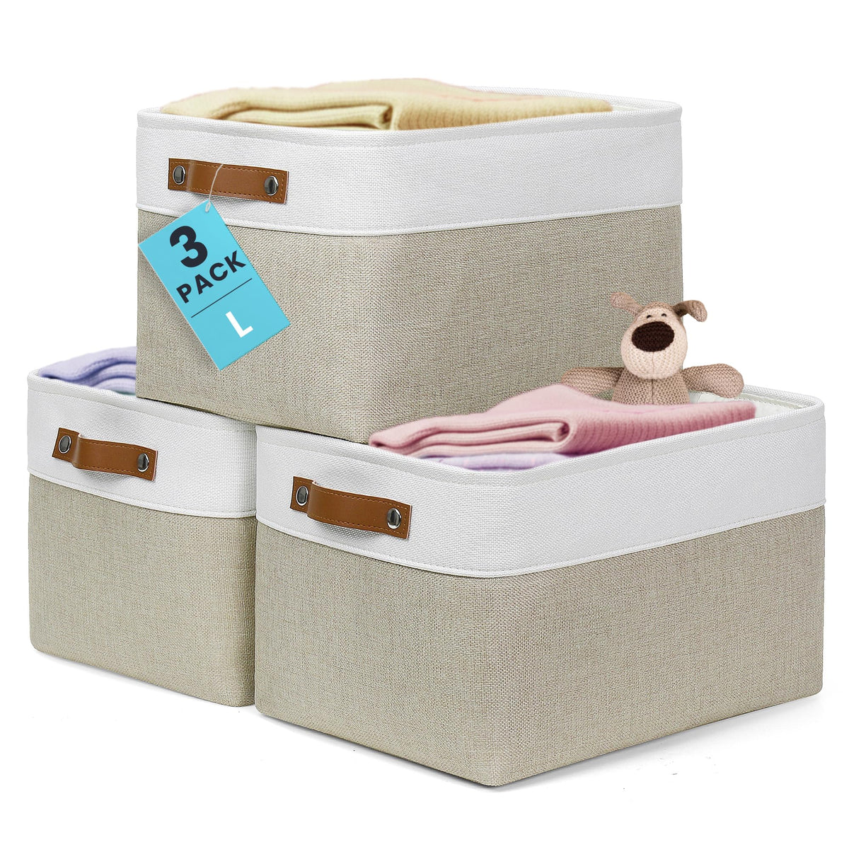 OrganiHaus 15x11in Canvas Storage Baskets 3 Pack - Fabric Bins for Shelves