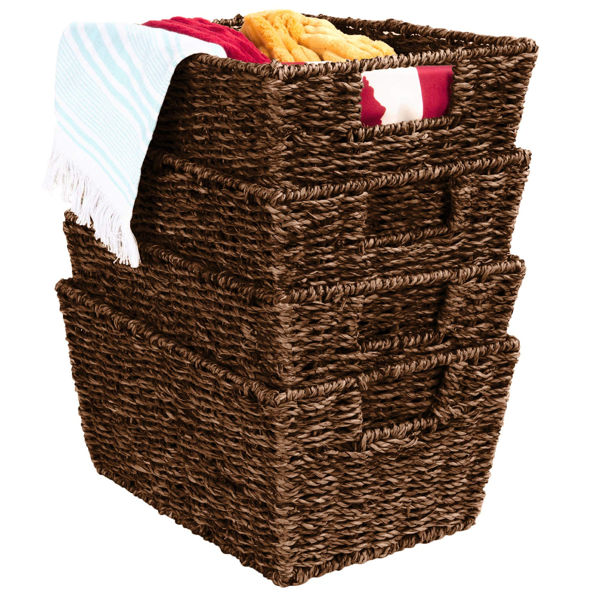 Best Choice Products Rustic Set Of 4 Multipurpose Stackable Seagrass Storage Basket, Handwoven Laundry Organizer Totes for Bedroom and Living Room, Shelves, Pantry w/Insert Handles - Natural