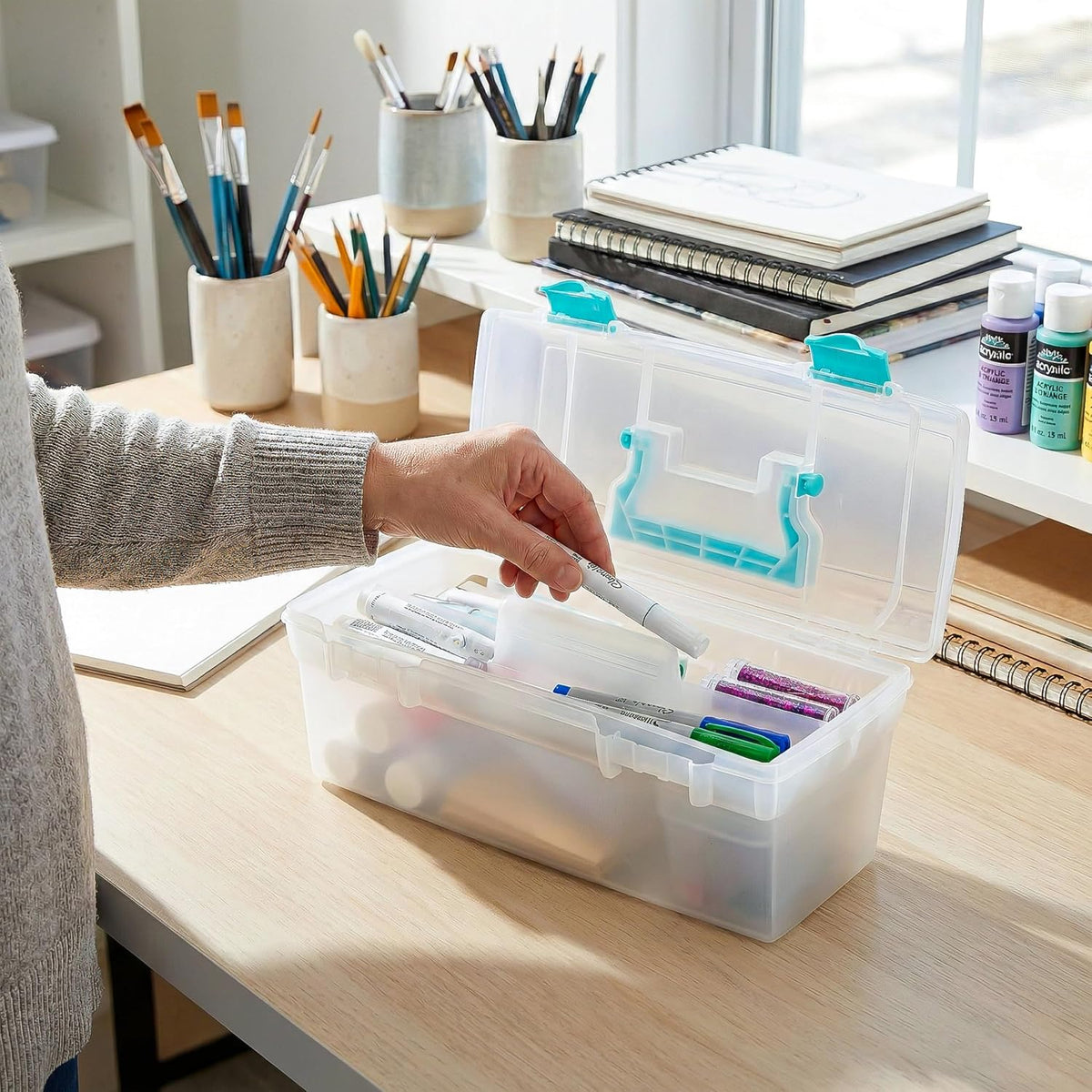 ArtBin Essentials Lift-Out Tray Craft Box with Handle, Clear/Aqua