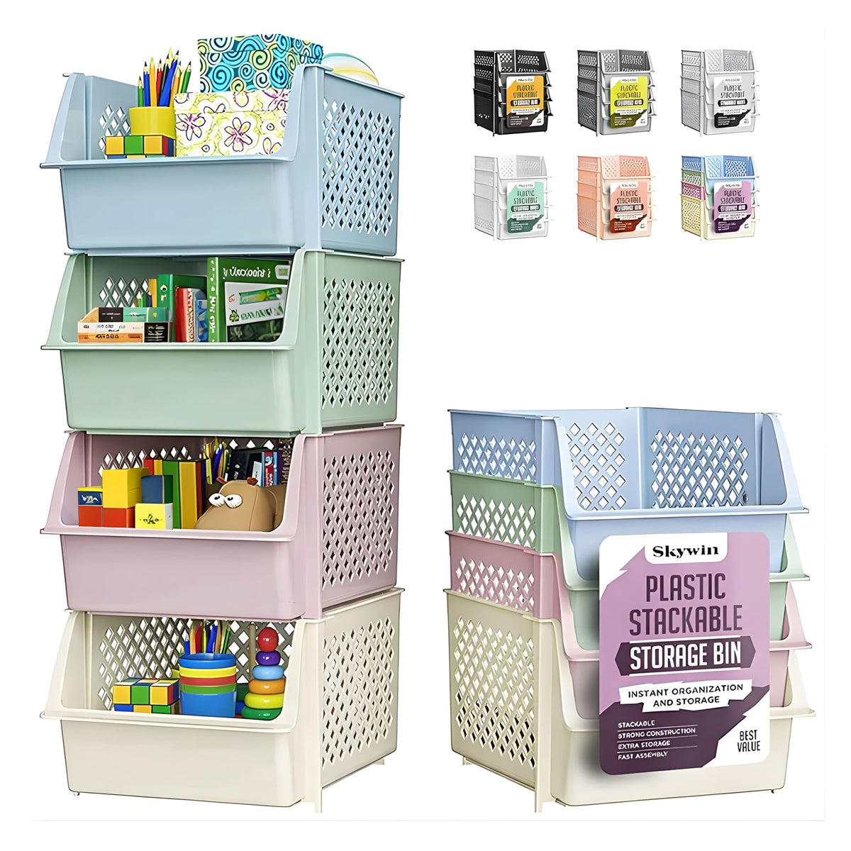 Skywin Stackable Storage Bins Open Front for Pantry Storage, 4 Pack - Multi