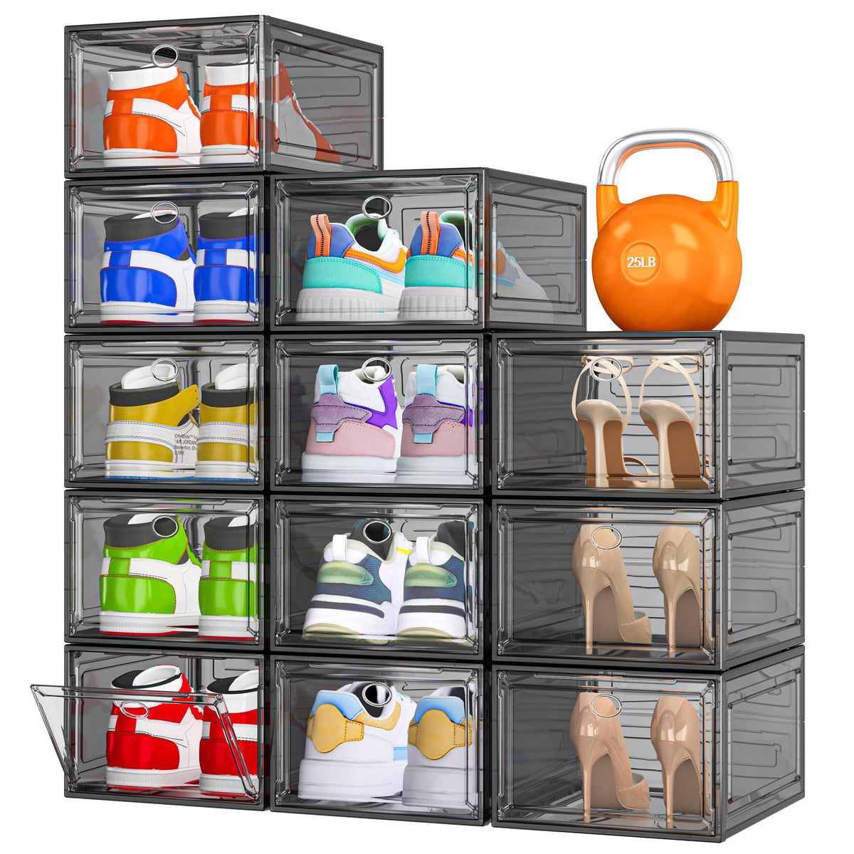 Sturdy Clear Shoe Organizer with Magnetic Door, Stackable Shoe Storage Box