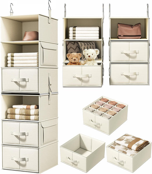 6-Shelf Hanging Closet Organizer with 3 Drawers, 2-in-1 Design, Beige