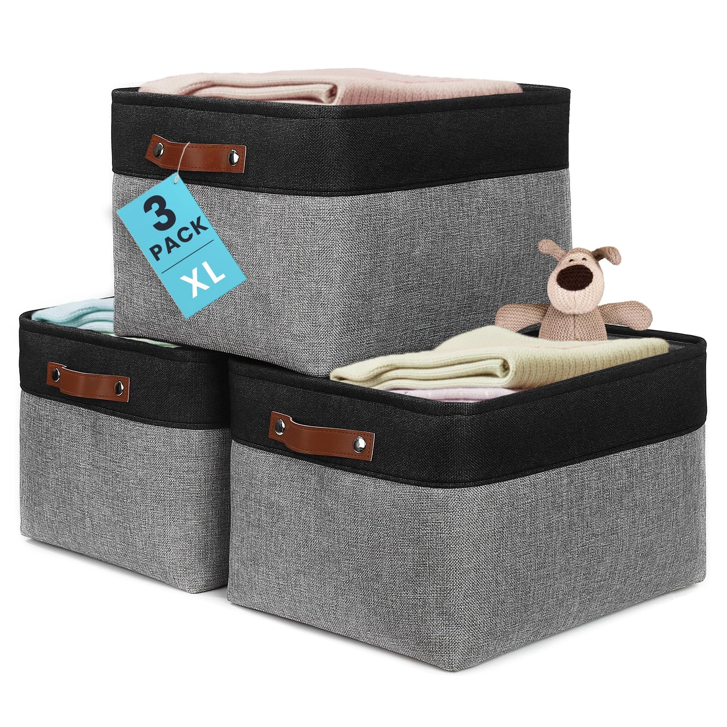 OrganiHaus 15x11in Canvas Storage Baskets 3 Pack - Fabric Bins for Shelves