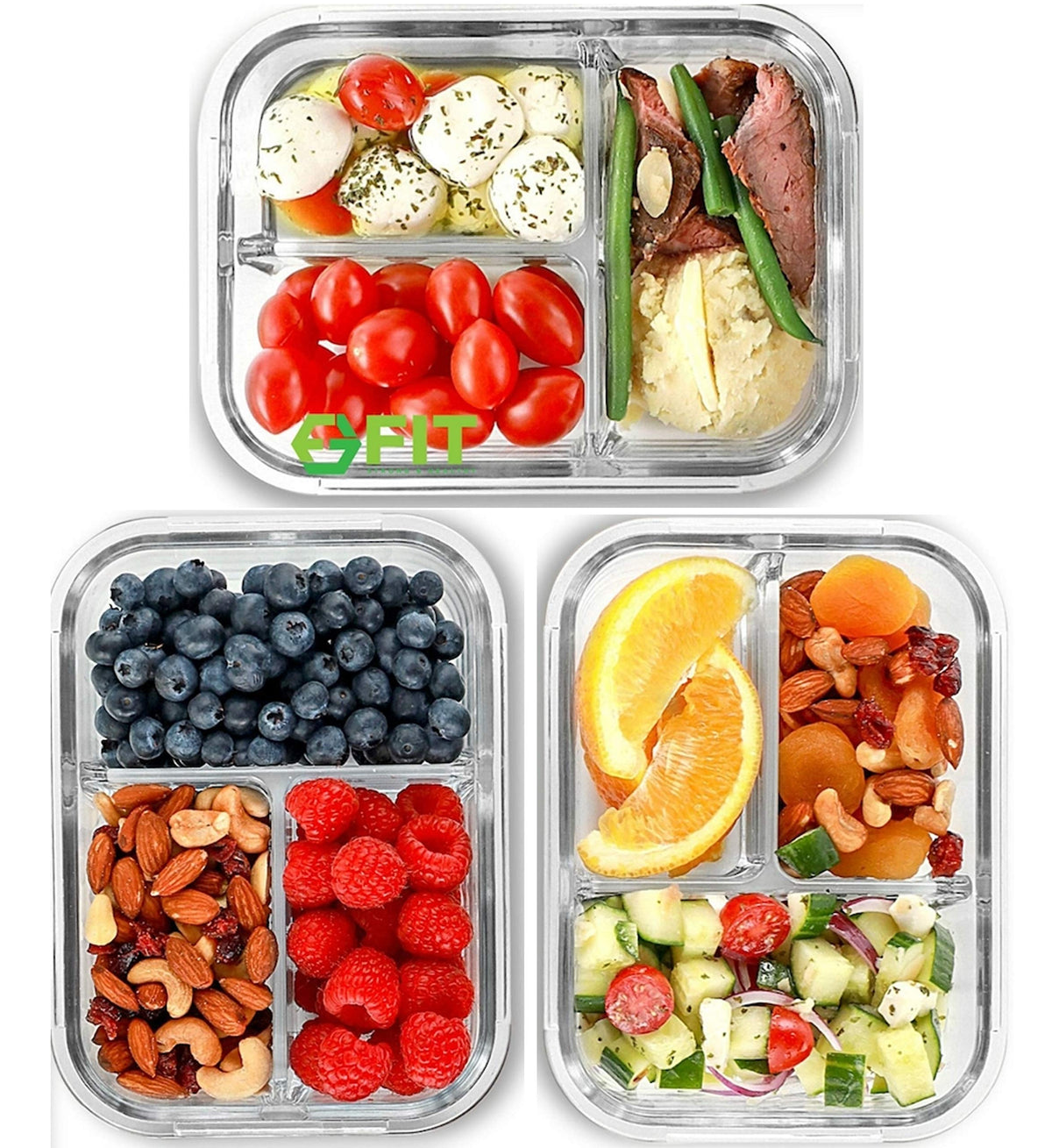 Glass Meal Prep Containers 2 and 3 Compartments, Leak-Proof, 32 oz, 4 Pack