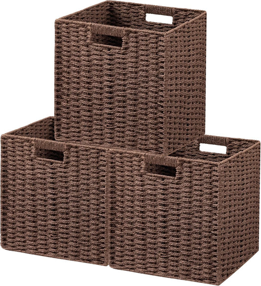 UBBCARE 3 Pack Wicker Basket, 11L×11H×10.5W inch Woven Paper Rope Storage Baskets for Shelves, Foldable Cube Storage bin with Handle, Storage Basket for Organizing & Decor, Brown