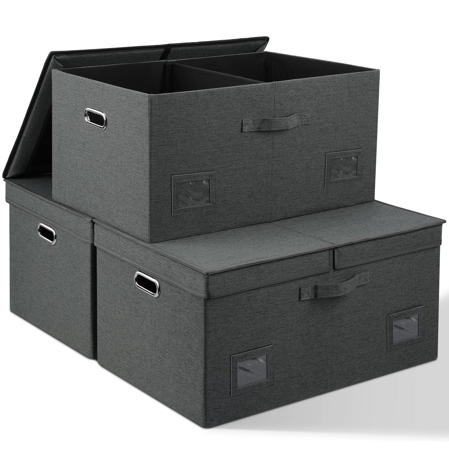 Graciadeco Large Quart Collapsible Stackable Storage Bins with Lids, 3 Packs Beige Linen Fabric Closet Boxes with Lids, Storage Cube Baskets Container Organizers for Bedroom Office(16.6 x 11.7 x 10.8)