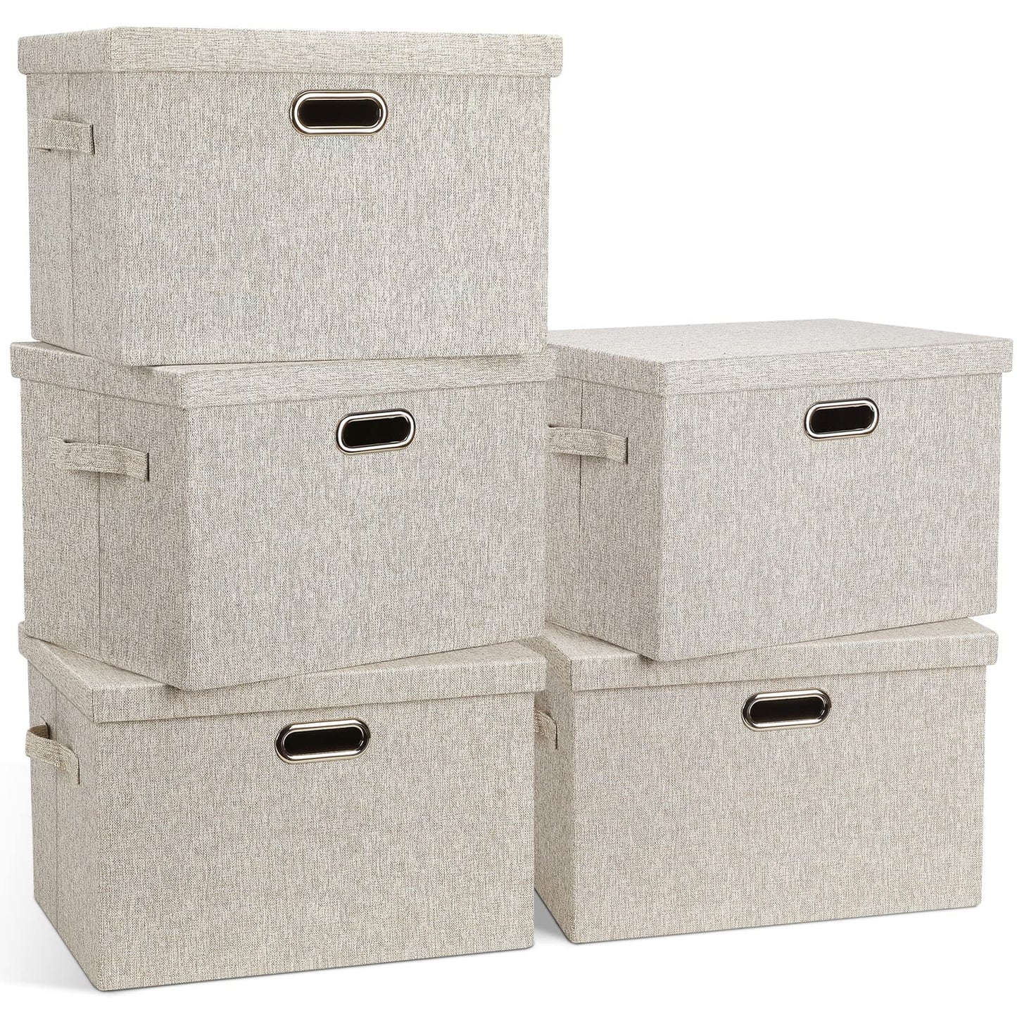 Graciadeco Large Quart Collapsible Stackable Storage Bins with Lids, 3 Packs Beige Linen Fabric Closet Boxes with Lids, Storage Cube Baskets Container Organizers for Bedroom Office(16.6 x 11.7 x 10.8)