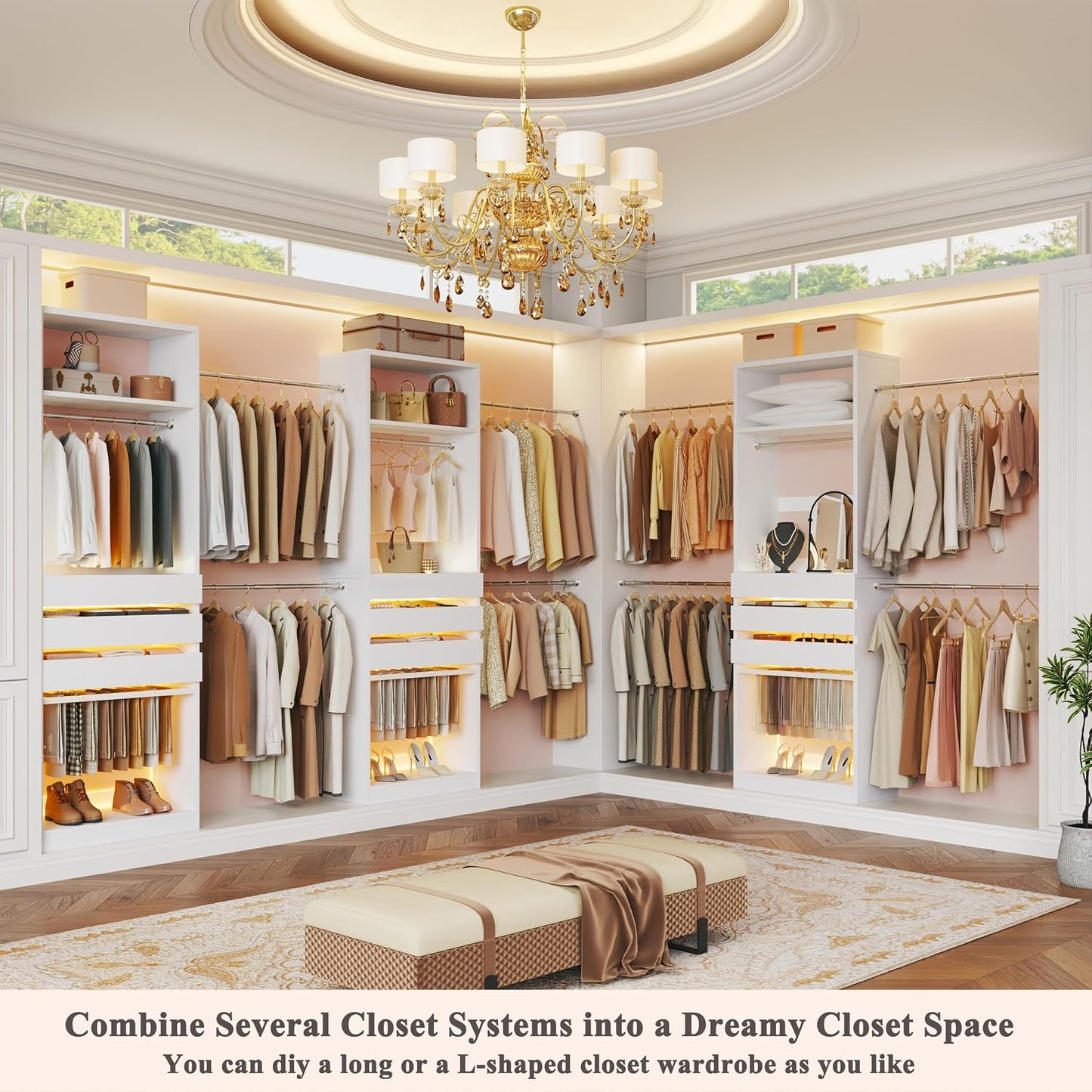 Closet System, 4-8FT Closet Organizer with 3 Wood Drawers & Glass Top, 102'' Walk in Closet with 5 Hang Rods & LED Lights & Trouser Rack, Built-in Wardrobe Clothes Rack with Shelves and Tower, White